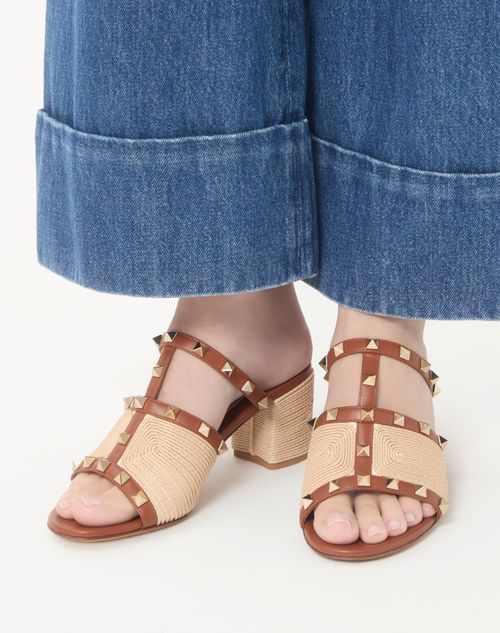 Valentino Garavani - Rockstud Calfskin Slide Sandal With Cornely Embroidery 60mm - Saddle Brown/natural - Woman - Sandals